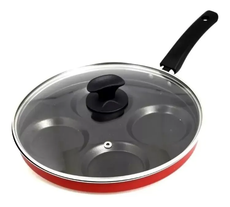 Frigideira Enjoy 4 Ovos/Hamburguer Antiaderente 26cm com Tampa de Vidro Vermelho Alegrete — Frigideira Enjoy 4 Ovos - Vermelho