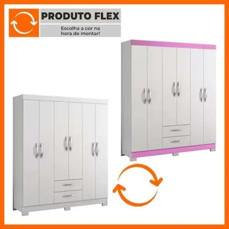 Roupeiro NT 6015 6P2G Branco New.Rosa Flex Notavel — Branco New/Rosa Flex