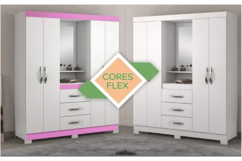 Roupeiro Capelinha NT 5015 4P3G com Espelho Branco New. Rosa Flex Notavel
