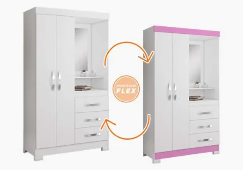 Roupeiro Capelinha NT 5170 2P3G com Espelho Branco New.Rosa Flex Notavel