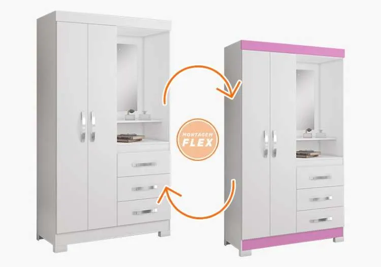 Roupeiro Capelinha NT 5170 2P3G com Espelho Branco New.Rosa Flex Notavel — Branco New/Rosa Flex