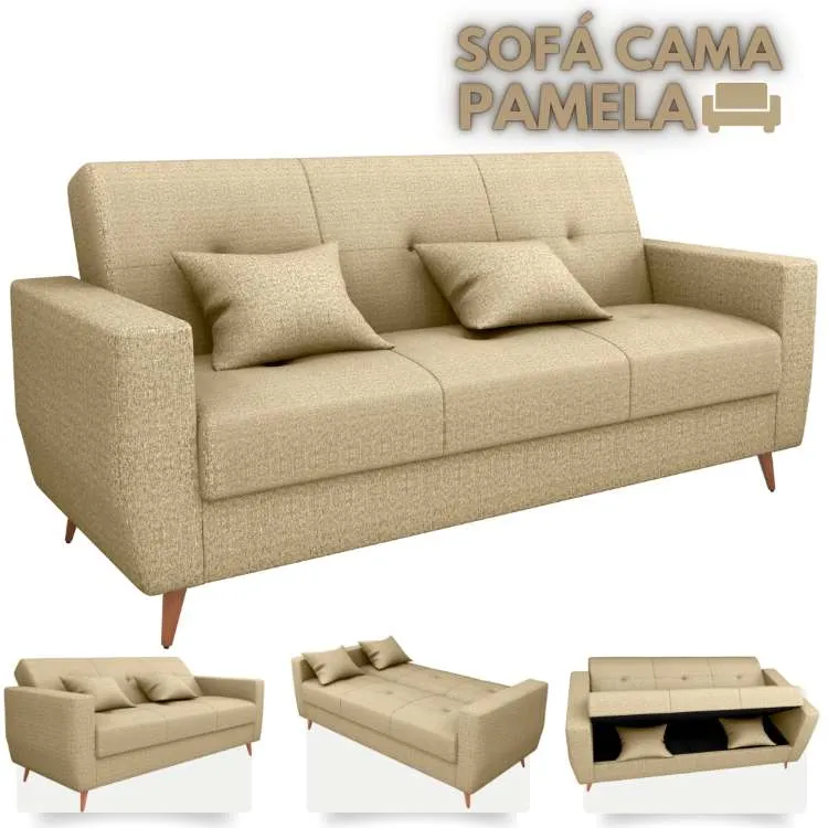 Sofa Cama com Bau MX Pamela 1 Estagio Matrix — Linho Bege 486