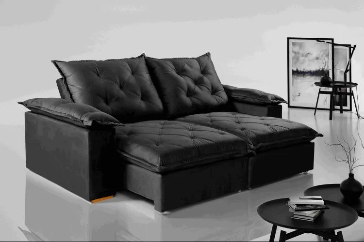 Estofado Retratil Reclinavel Leblon 250 2x100 Molas Ensacadas Velduo Inca Cru 818 Evidence — Veludo Inca - Preto 820