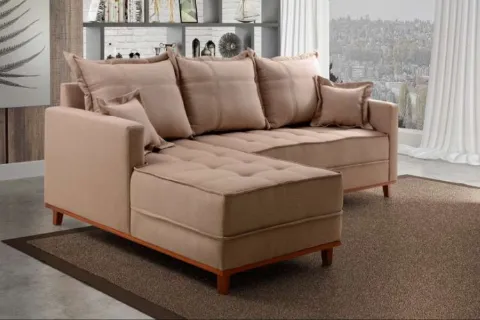 Conjunto Estofado Milao 230 Modulos 2Lgs mais Chaise Molas Ensacadas Linho Bege 1006 Evidence