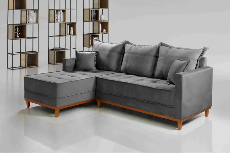 Conjunto Estofado Milao 230 Modulos 2Lgs mais Chaise Molas Ensacadas Linho Bege 1006 Evidence — Veludo Inca - Grafite 814