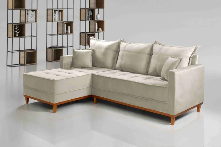 Conjunto Estofado Milao 230 Modulos 2Lgs mais Chaise Molas Ensacadas Linho Bege 1006 Evidence — Vludo Inca - Cru 818