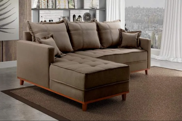 Conjunto Estofado Milao 230 Modulos 2Lgs mais Chaise Molas Ensacadas Linho Bege 1006 Evidence — Linho - Marrom 1007