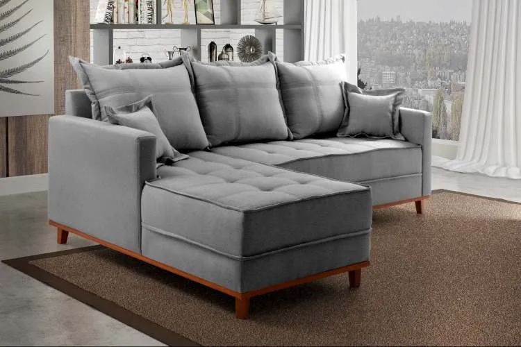 Conjunto Estofado Milao 230 Modulos 2Lgs mais Chaise Molas Ensacadas Linho Bege 1006 Evidence — Linho - Cinza 1008