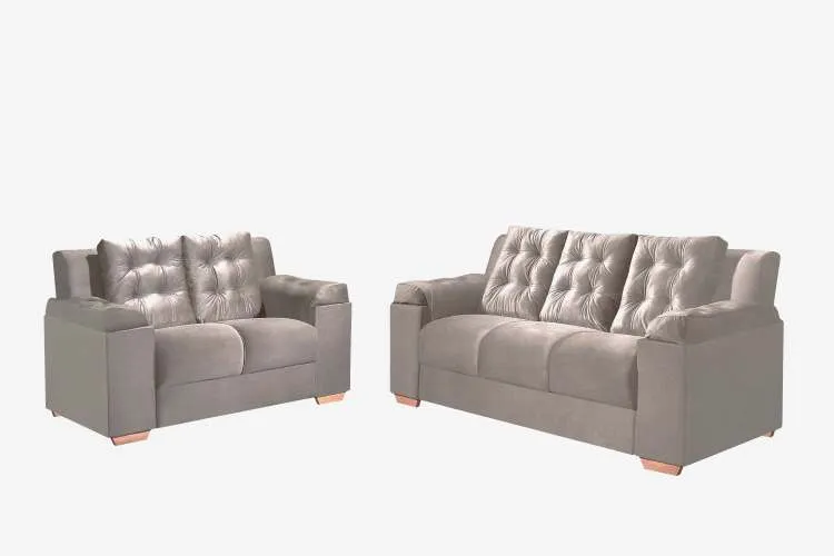 Conjunto Estofado Santiago 2x3Lgs Tec 001 Corino Marrom Top Estofados — Tec 194 - Veludo Bege