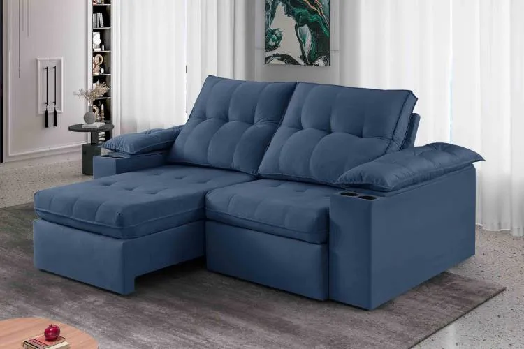 Estofado Retratil Reclinavel Itaborai 230 2x90 Brc 25cm Velduo Inca Capuccino 15 Idealle — Veluydo Inca - Azul 24