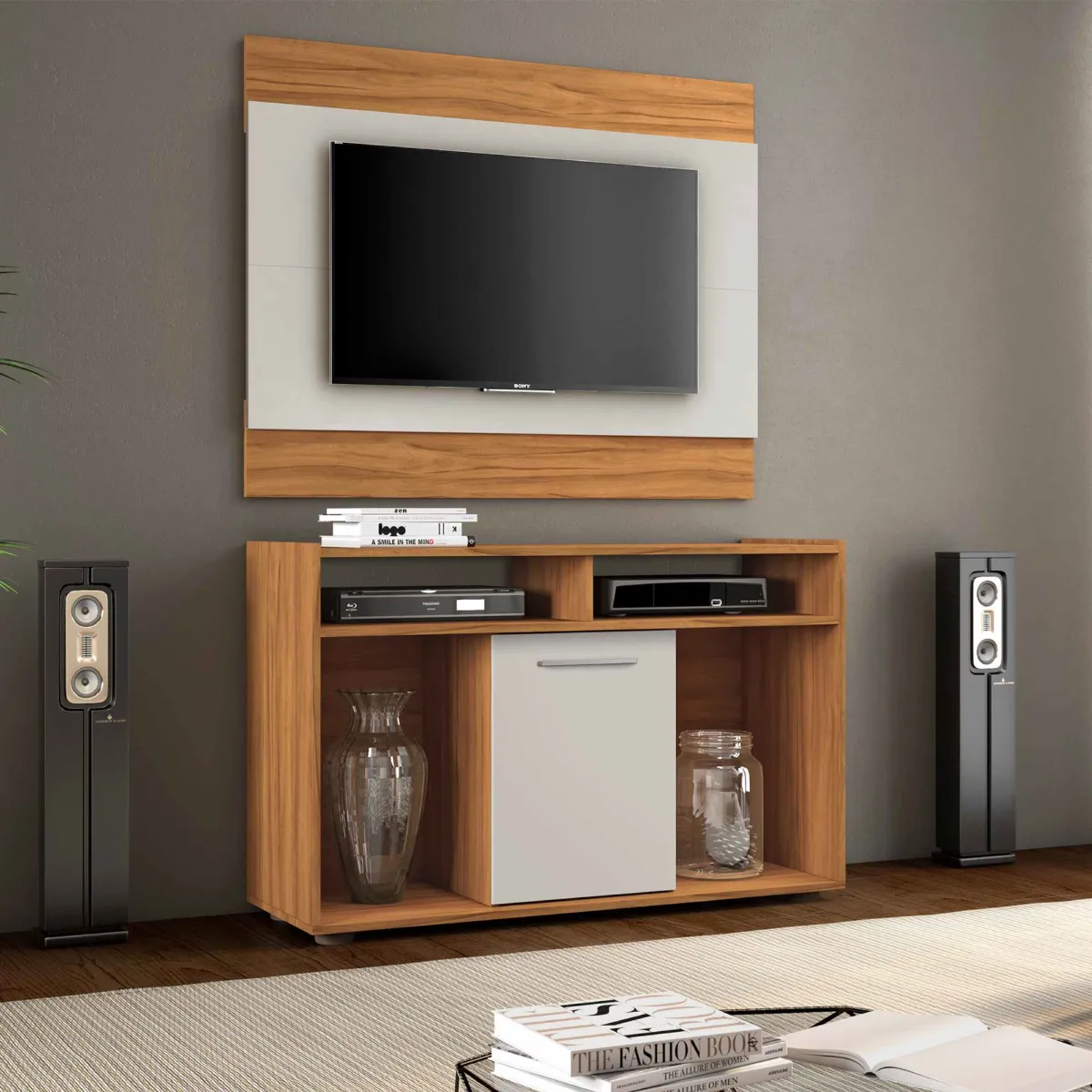 Conjunto Show 106 Painel mais Rack Freijo Trend.Off White Tx Notavel Moveis — Freijó Trend/Off White Tx