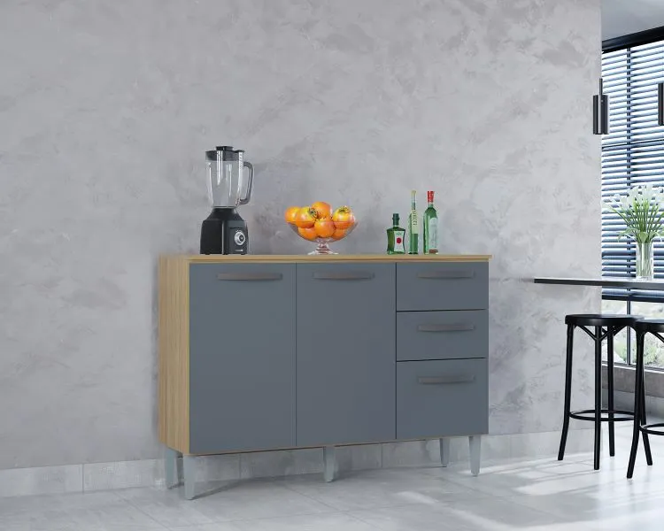 Balcao 3P2G 120 com Tampo Branco Poquema — Balcão 3P2G 120 - Damasco/Cinza