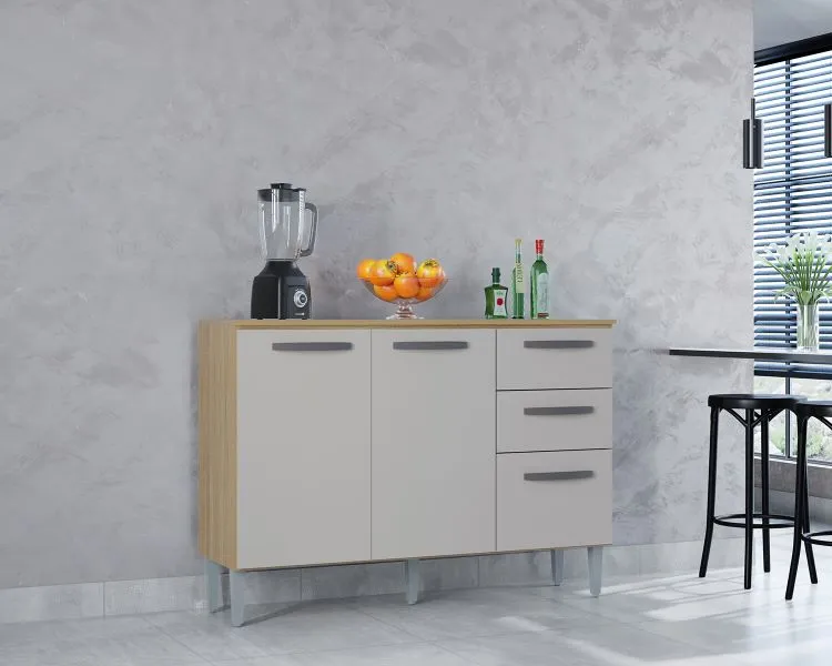Balcao 3P2G 120 com Tampo Branco Poquema — Balcão 3P2G c/ Tampo - Damasco/Off White