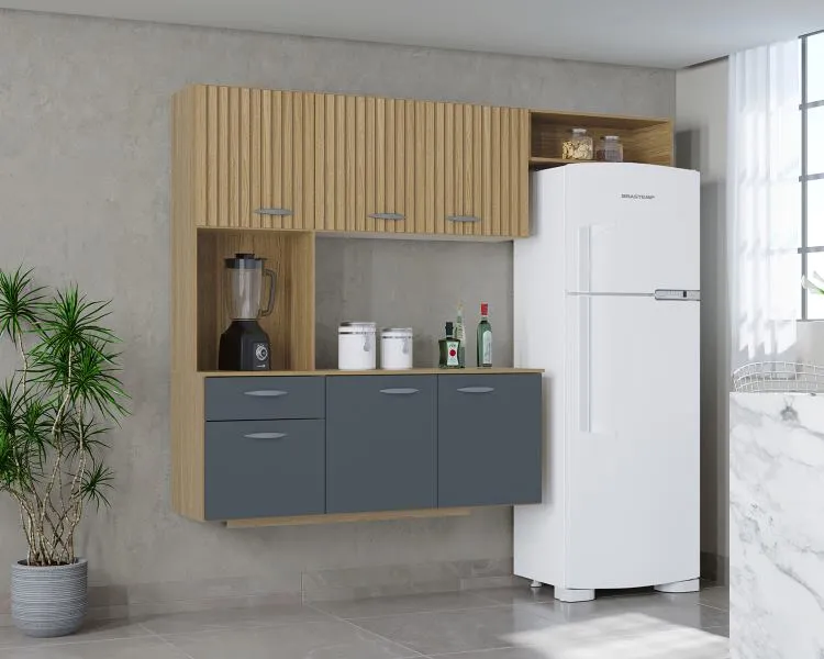 Cozinha Suspensa com Balcao Isis 180 Branco.Cinza Poquema — Damasco Ripado 3D/Cinza