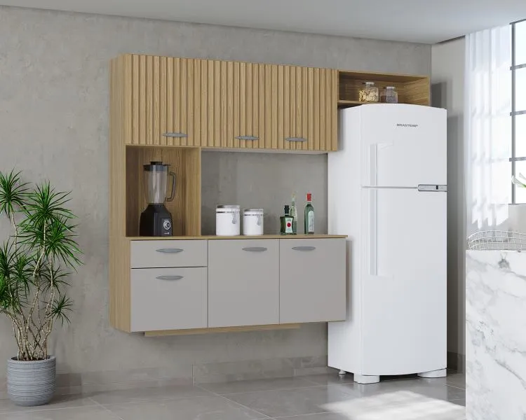 Cozinha Suspensa com Balcao Isis 180 Branco.Cinza Poquema — Damasco Ripado 3D/Off White