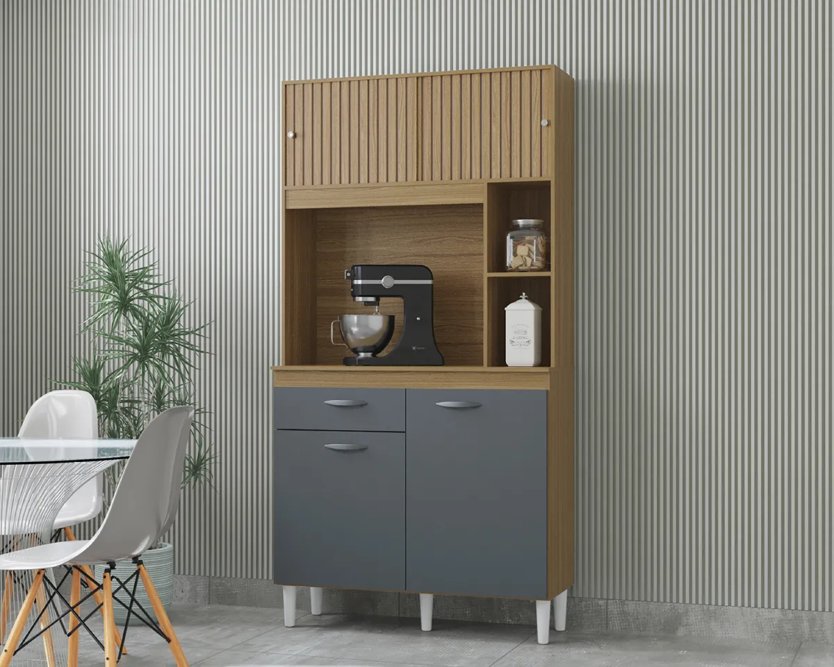 Kit Cozinha Duda 90 4P1G Poquema — Damasco Ripado 3D/Cinza
