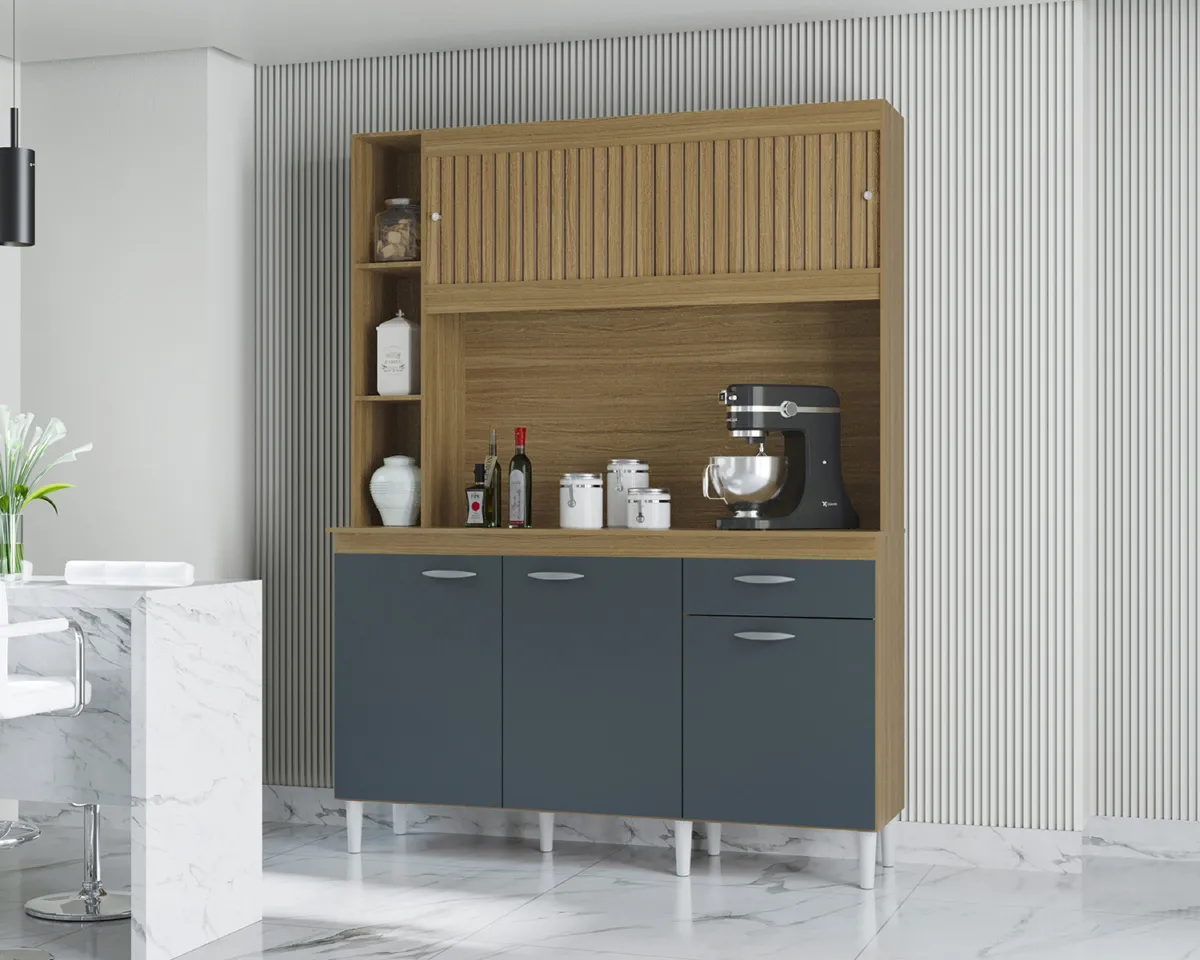 Kit Cozinha Duda 140 5P1G Poquema — Damasco Ripado 3D/Cinza