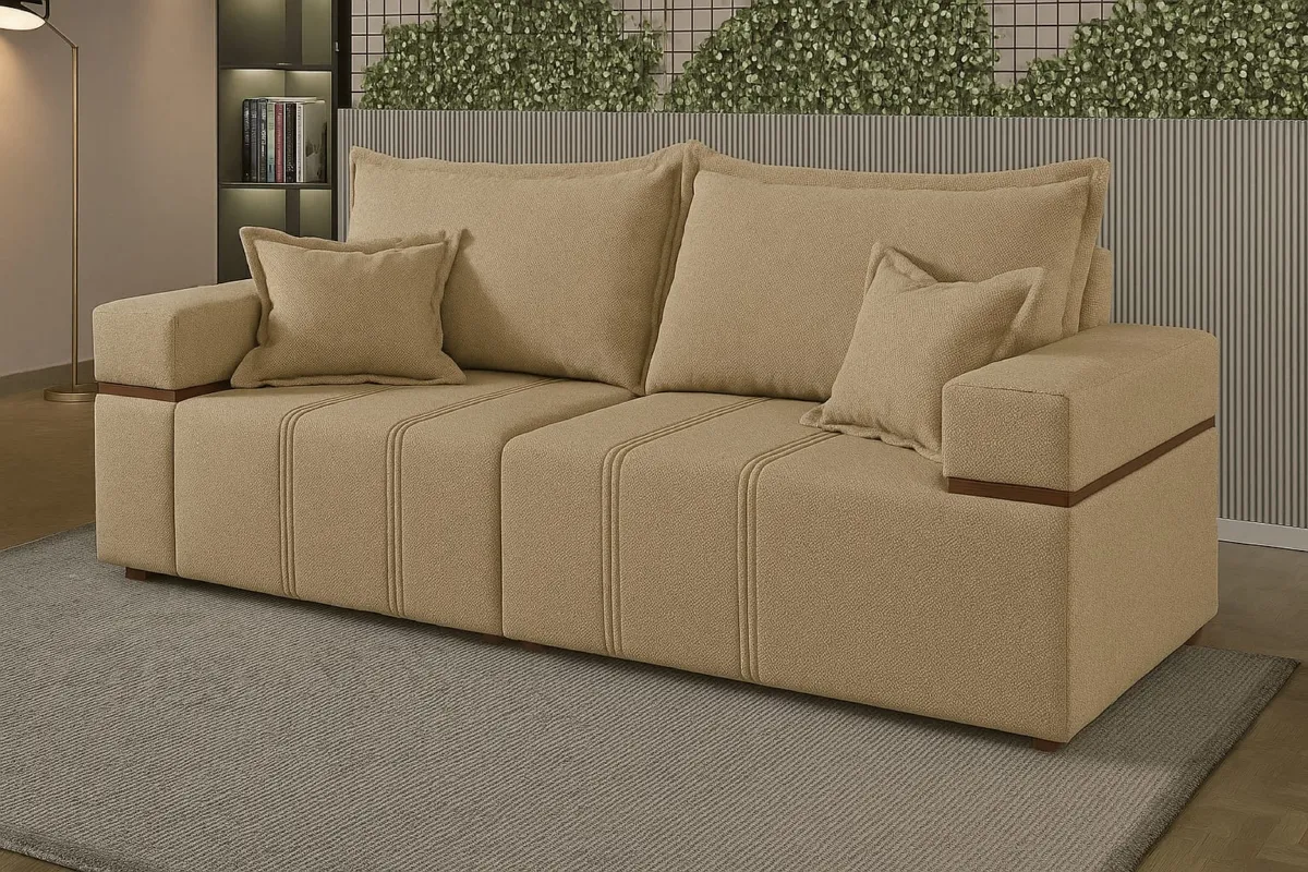Sofa In Box Alegre 200 2x100 Braco 0,20m Linhao Bege Amendoado Padrao 2111 Lufer — Bege Amendoado - Padrão 2111