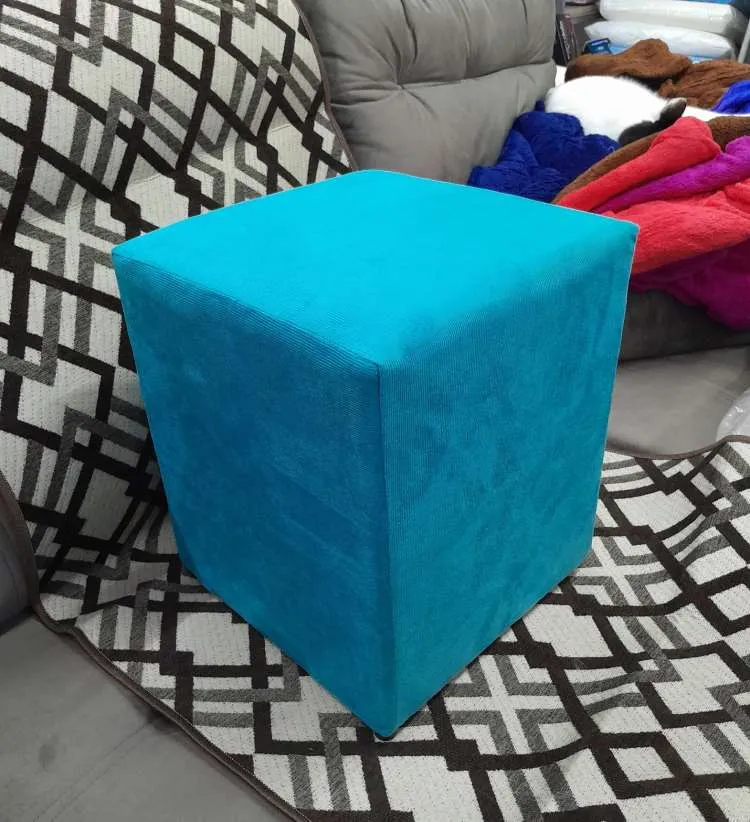 Puff Quadrado 37x35x35 Veludo Suede Azul Marinho Liso AL Moveis — Veludo Suede = Azul Turquesa Liso