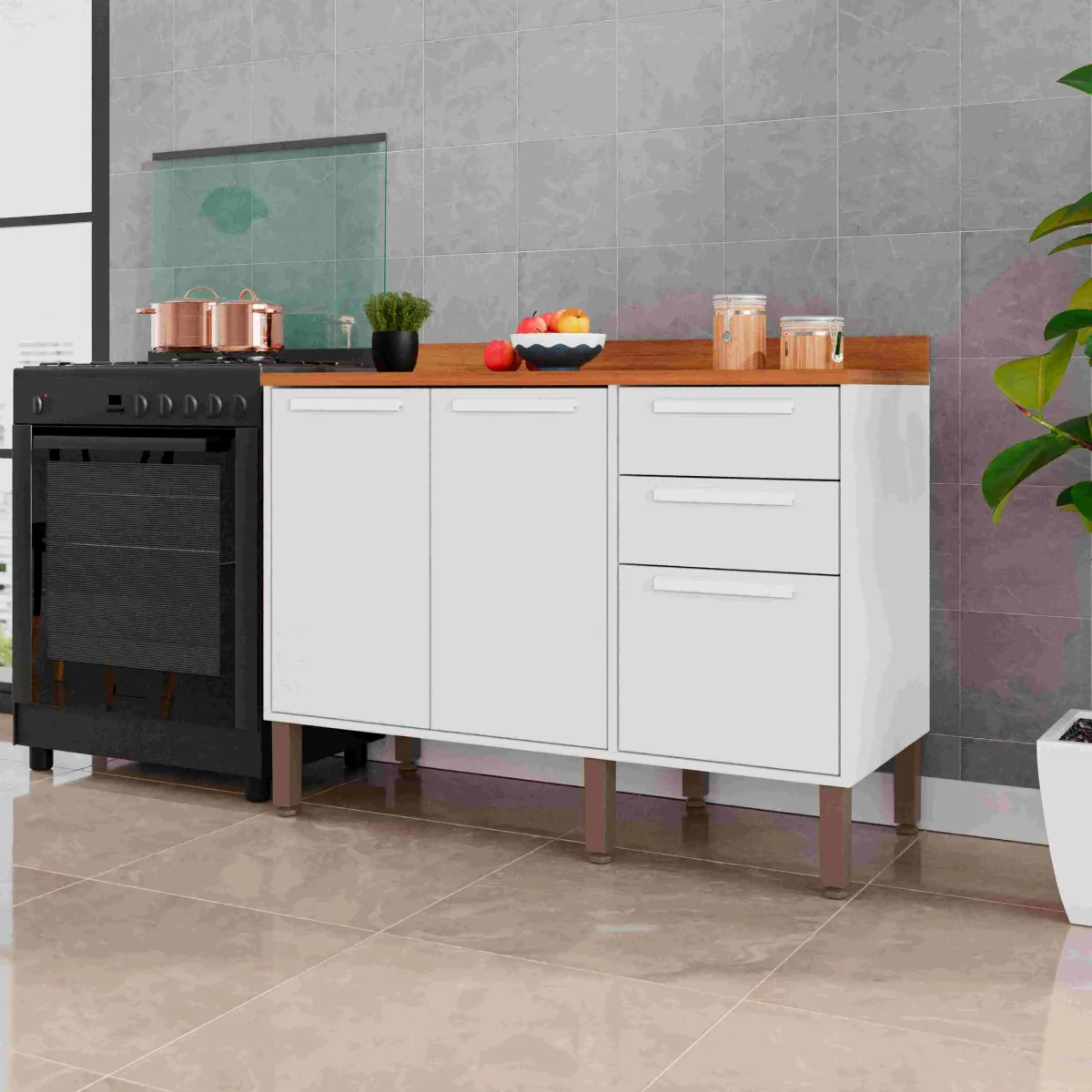 Aereo Basculante Cozinha Florida 120 2P Vidro Fume Branco Salleto — Balcão 120 3P2G - Branco