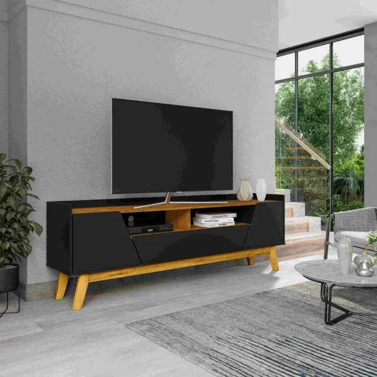 Rack Florenca 180 1P2G Off White.Naturale Bechara Moveis — Preto Fosco/Naturale