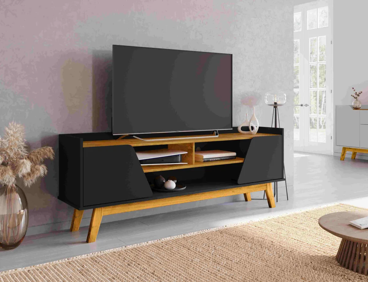 Rack Turim 160 2P3N Off White.Naturale Bechara Moveis — Preto Fosco/Naturale