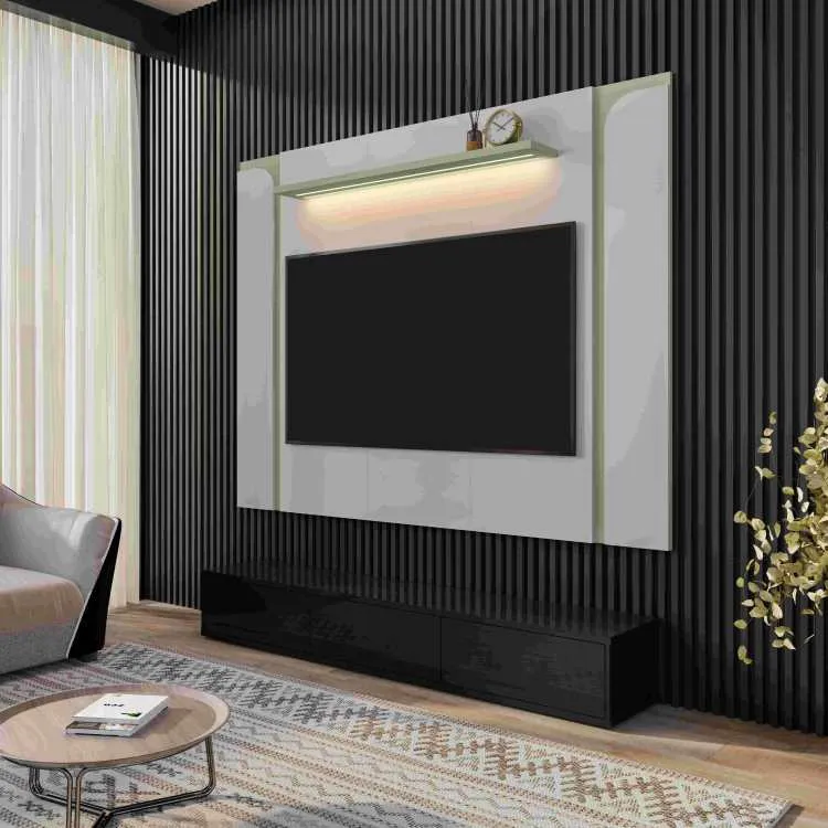 Painel Leme 150 3P Cinamomo Efeito 3D Ripado.Off White Bechara Moveis — Off White/Pistache