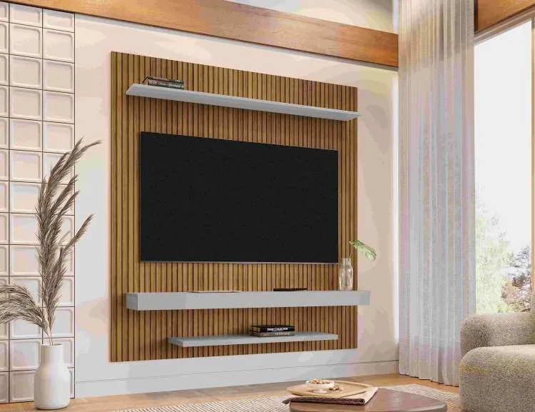 Painel Leme 150 3P Cinamomo Efeito 3D Ripado.Off White Bechara Moveis — Cianamomo Efeito 3D Ripado/Off White