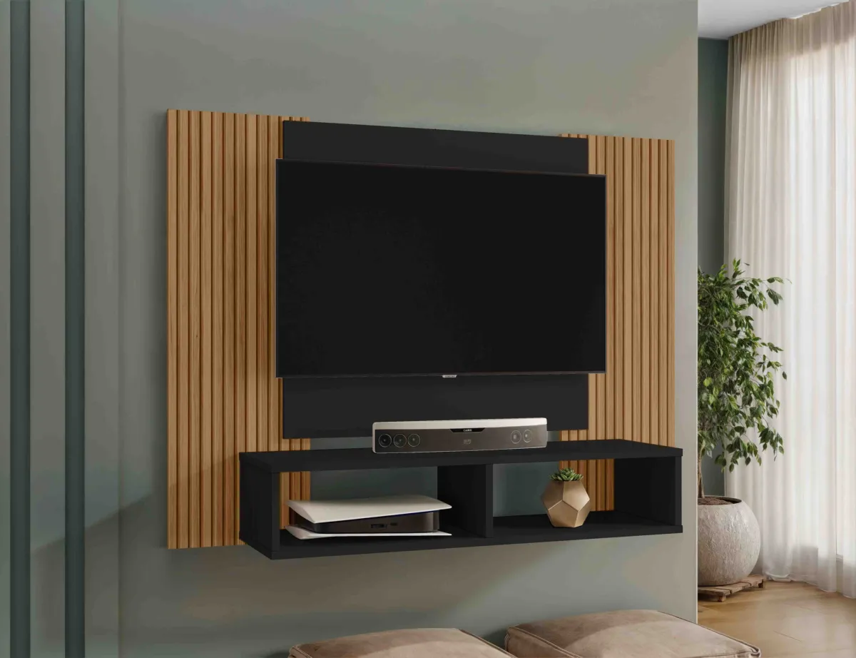 Painel Navi 120 2N Branco.Cinamomo Efeito Ripado 3D Bechara Moveis — Preto Fosco/Cinamomo Efeito 3D