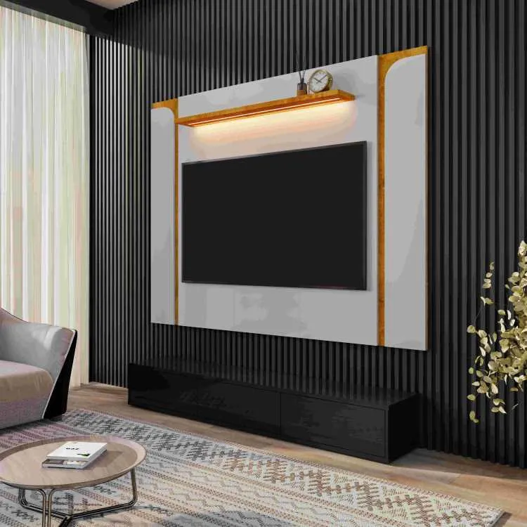 Painel Leme 150 3P Cinamomo Efeito 3D Ripado.Off White Bechara Moveis — Off White/Naturale