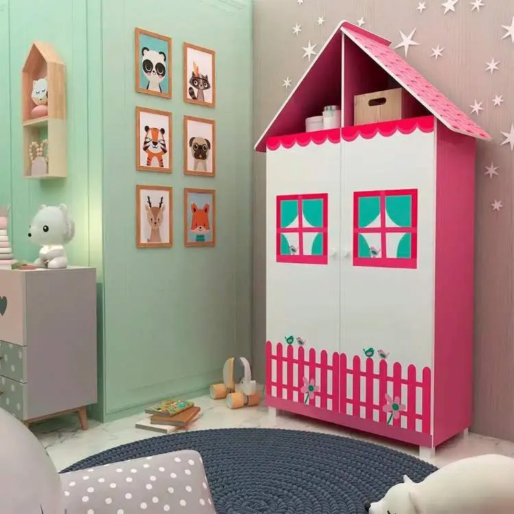 Roupeiro Infantil Casinha 2P2G Pink Ploc.Branco Acetinado Gelius — Pink Ploc/Branco Acetinado