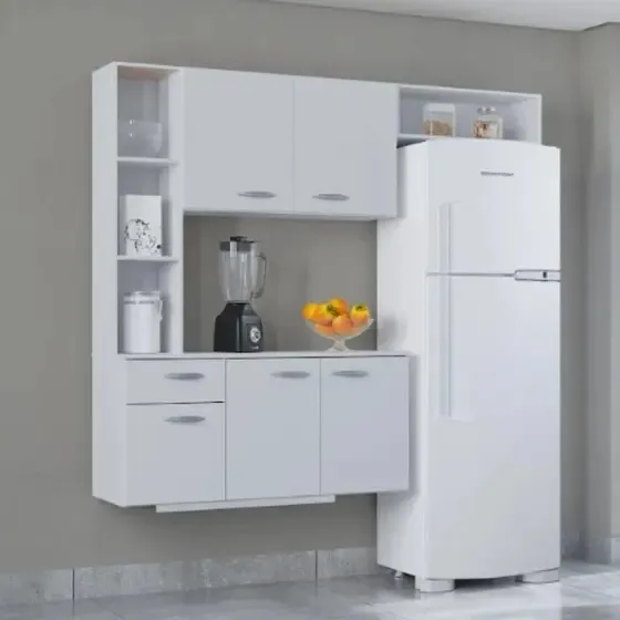 Cozinha Suspensa com Balcao Isis 163 Branco Detalhe Preto Poquema — Branco