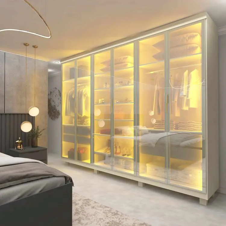 Roupeiro Imperatriz 6P Vidro Reflecta com Pes e LED Gelius — Off White