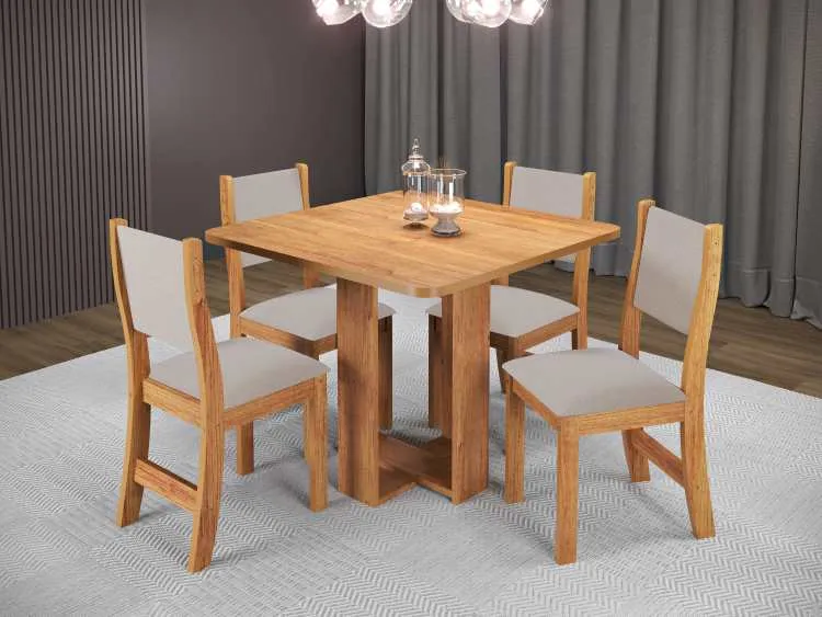 Sala Wave.Oasis 90x90 com 4 Cadeiras Sol Mel Linho Bronze Veiro — Sala Wave + 4Cds Solt Mel - Linho Bronze
