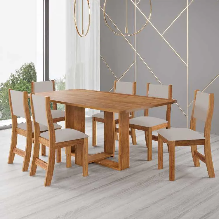 Sala Luar.Luna 160x80 com 6 Cadeiras Sol Mel Linho Inox Viero — Sala Luar + 6 Cds Sol - Mel/Linho Bronze