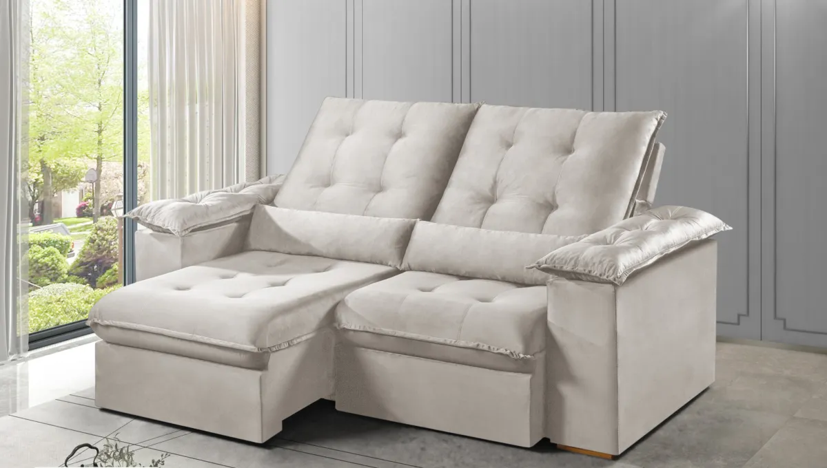 Estofado Retratil Reclinavel Madri.Opel 200 2x100 Pillow 20 cm Veludo Suede Bege Escuro.Capuccino 400 Kairos Estofados — Veludo Suede - Bege Claro