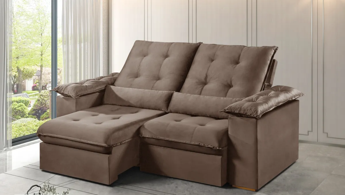 Estofado Retratil Reclinavel Madri.Opel 200 2x100 Pillow 20 cm Veludo Suede Bege Escuro.Capuccino 400 Kairos Estofados — Veludo Suede - Marrom
