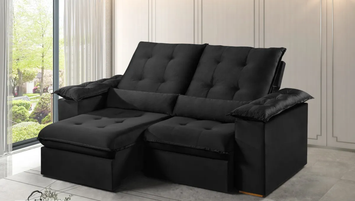 Estofado Retratil Reclinavel Madri.Opel 200 2x100 Pillow 20 cm Veludo Suede Bege Escuro.Capuccino 400 Kairos Estofados — Veludo Suede - Preto