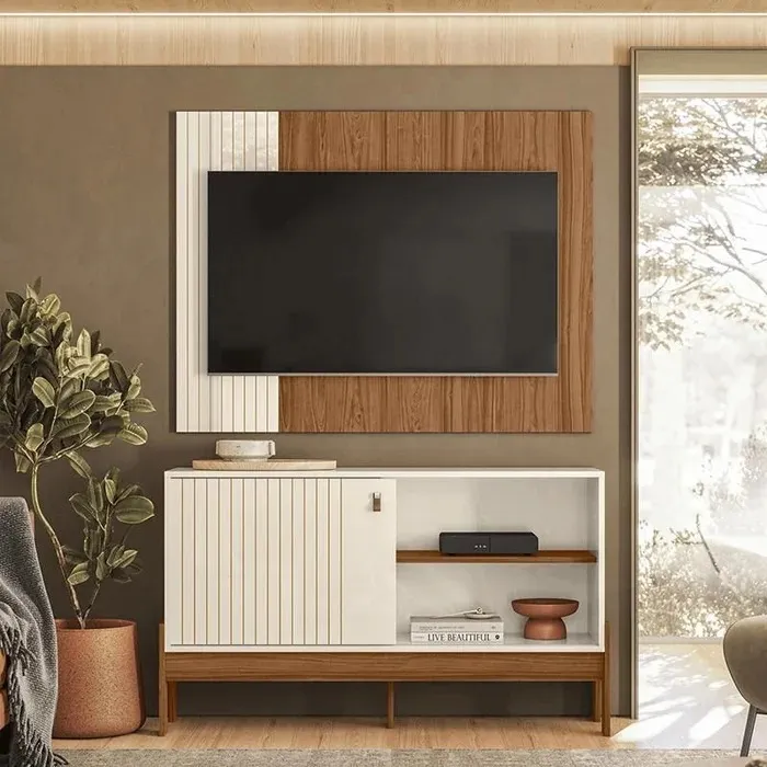 Combo Rack e Painel Wood 1.2 Cinamomo Mel.Off White Mobler — Pérola Metálizado/Cinamomo Mel