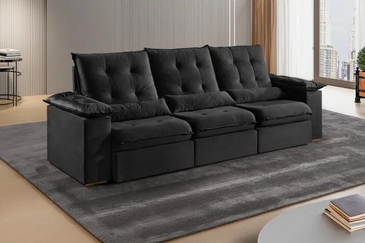 Estofado Retratil Reclinavel Madri.Opel 270 3x75 Pillow 20cm com Rineiras Veludo Suede Azul 406 Kairos Estofados — Estofado Madri 270 - Veludo Suede Preto 401
