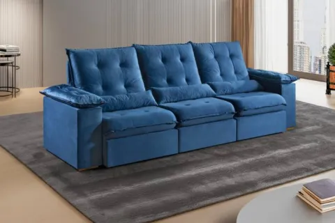 Estofado Retratil Reclinavel Madri.Opel 270 3x75 Pillow 20cm com Rineiras Veludo Suede Azul 406 Kairos Estofados