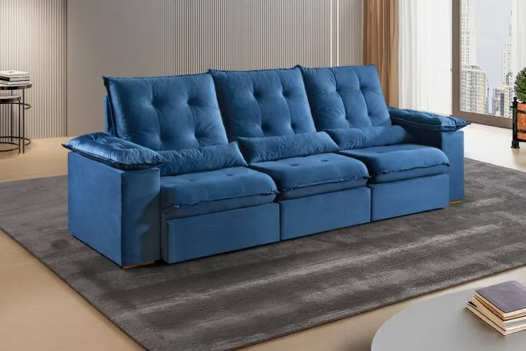 Estofado Retratil Reclinavel Madri.Opel 270 3x75 Pillow 20cm com Rineiras Veludo Suede Azul 406 Kairos Estofados — Estofado Madri 270 - Veludo Suede Azul 406