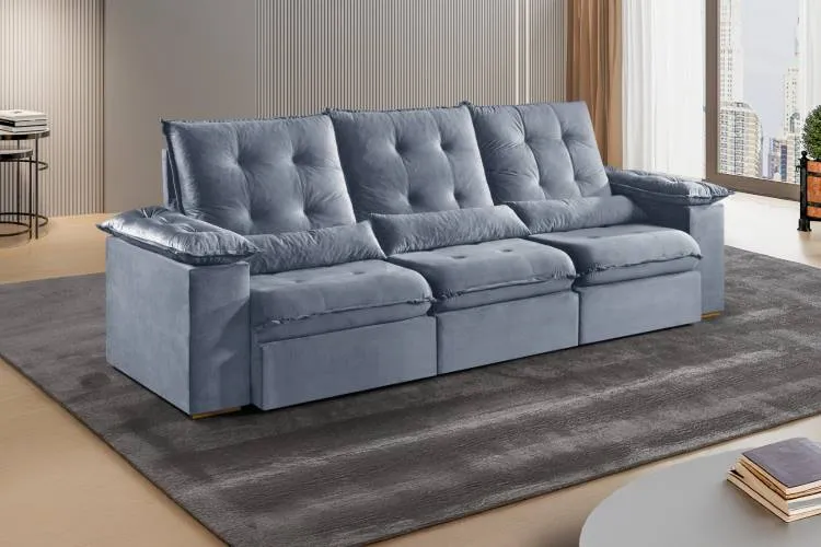Estofado Retratil Reclinavel Madri.Opel 270 3x75 Pillow 20cm com Rineiras Veludo Suede Azul 406 Kairos Estofados — Estofado Madri 270 - Veludo Suede Cinza 403