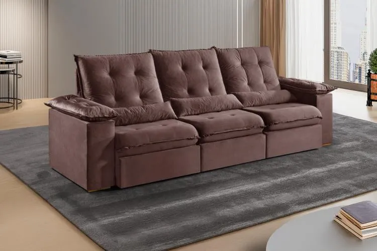 Estofado Retratil Reclinavel Madri.Opel 270 3x75 Pillow 20cm com Rineiras Veludo Suede Azul 406 Kairos Estofados — Estofado Madri 270 - Veludo Suede Marrom 402