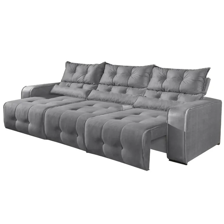 Estofado Retratil Reclinavel Minas 250 3 Modulos 70 mais Braco 20cm Veludo Bege Decorar Moveis — Estofado Minas 250 3 Mds - Veludo Cinza