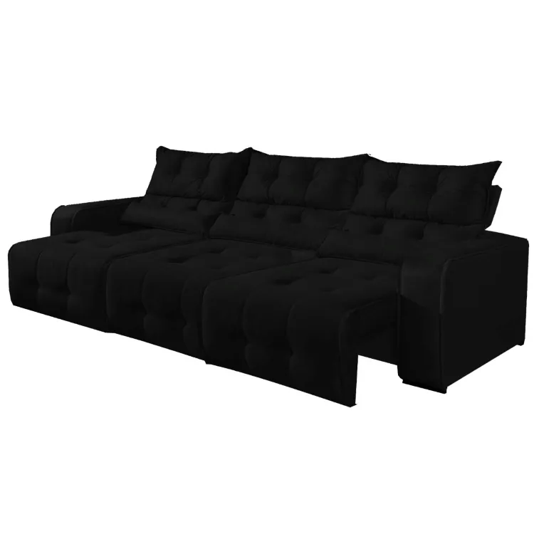 Estofado Retratil Reclinavel Minas 250 3 Modulos 70 mais Braco 20cm Veludo Bege Decorar Moveis — Estofado Minas 250 3 Mds - Veludo Preto