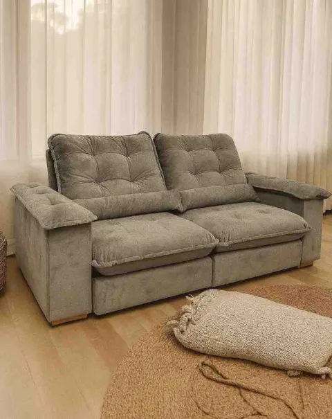 Estofado Retratil Reclinavel Gold 250 2x100 mais Brc 25cm com Pillow Top 25cm Veludo Bege 05 Diviminas