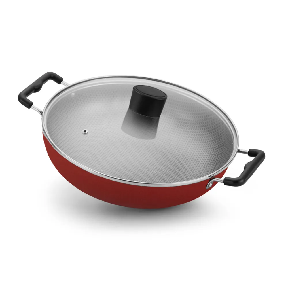 Panela Wok Enjoy 30cm com Tampa de Vidro e Alcas Aintiadetente Vermelho Alegrete — Panela Wok Enjoy 30cm - Vermelho
