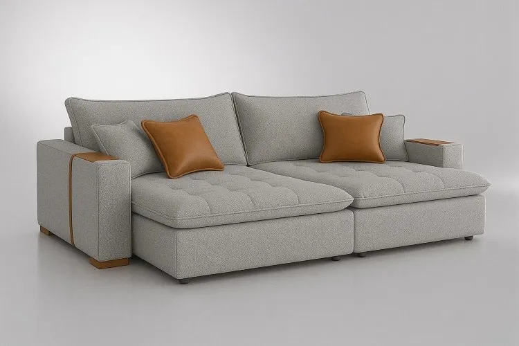 Sofa Cama Retratil Mariah 250 2x100 + Braco 25cm Linho Bege 01 Idealle — Sofá Mariah 250 - Linho Gelo