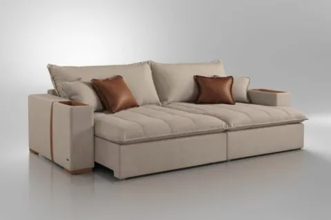 Sofa Cama Retratil Mariah 250 2x100 + Braco 25cm Linho Bege 01 Idealle